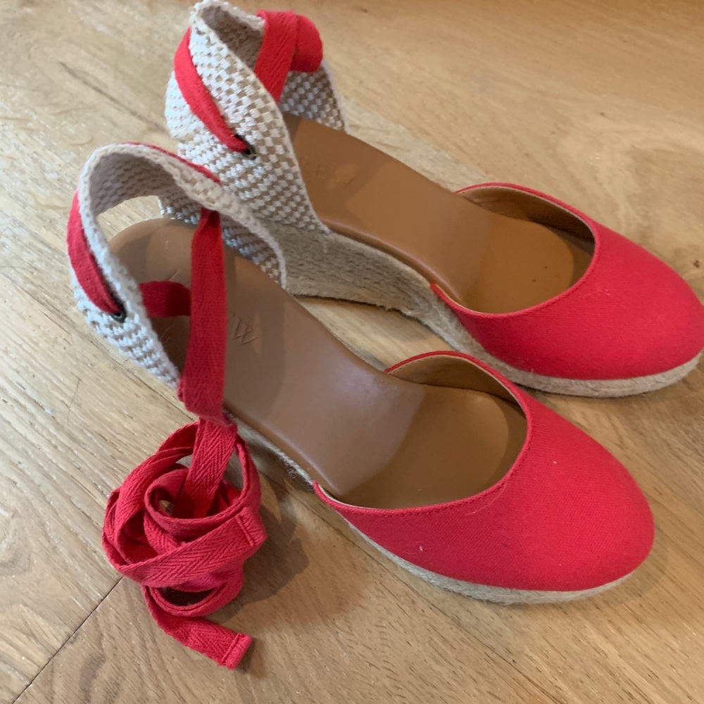J. Crew Factory wedge heel espadrille 5.5 sun faded red tie lace ankle